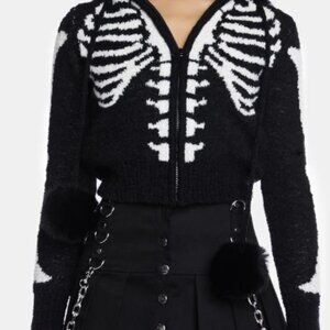 Too Fast Knit Skeleton Bone Print Crop Hoodie - Black